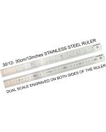 OSMER STAINLESS STEEL RULER - 30cm/12inches DUAL SCALE - 30/12