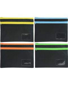 POLYESTER - BLACK PENCIL CASE WITH NAME CARD - 2 ZIP 35 X 26CM - POLB3526
