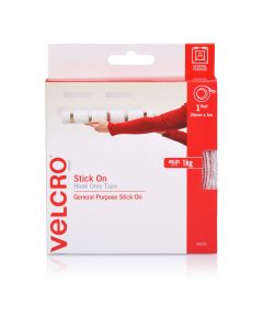 DISPENSER BOX - VELCRO® BRAND STICK ON HOOK ONLY TAPE - 25MM x 5M - WHITE - V25575