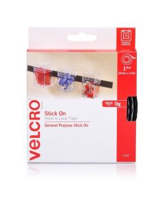 DISPENSER BOX - VELCRO® BRAND STICK ON HOOK & LOOP TAPE - 25MM x 2.5M - BLACK - V25580